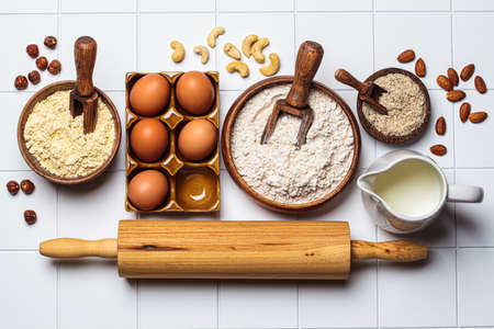 Different types of nut flour - almond, hazelnut and cashew, top view, white background. Keto diet...