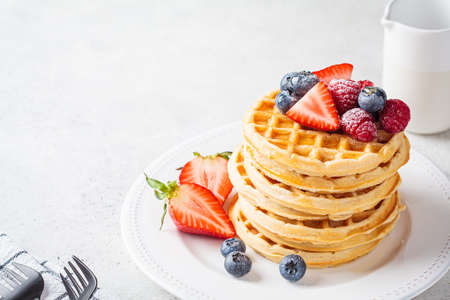 Homemade waffles with berries, powdered sugar and maple syrup on a white plate, gray background,...