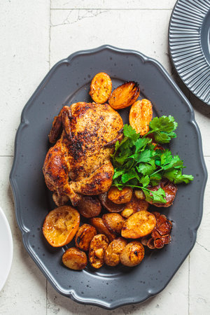 Christmas baked whole chicken with potatoes on a gray plate, top view. Festive homemade food concept.の写真素材