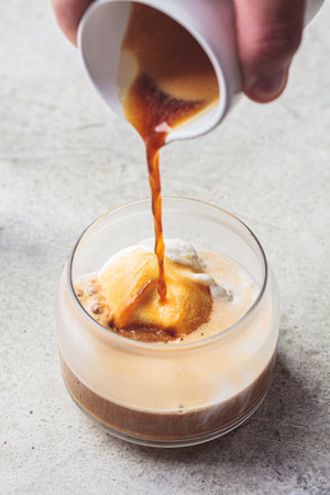 Cooking Italian affogato in glass. Ice cream and coffee.