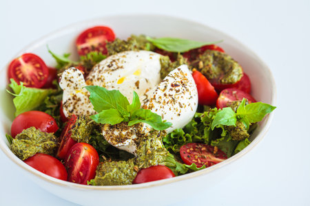 Burrata salad with cherry tomatoes, pesto and spices in a bowl on a white background, close-up.