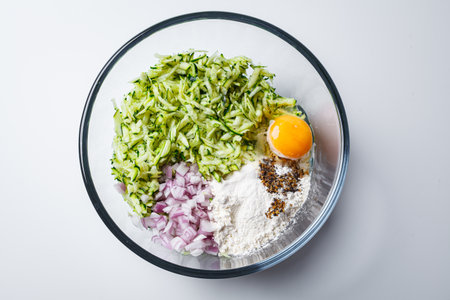Cooking zucchini fritters. Raw ingredients in a bowl, white background, top view.の写真素材