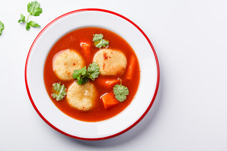 Traditional Jewish tomato soup with matza meatballs, white background.