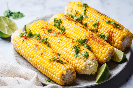 Grilled corn with cilantro, spices and butter, close-up.