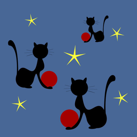 Shapes of black cats playing with red balls on dark blue background with yellow starsのイラスト素材