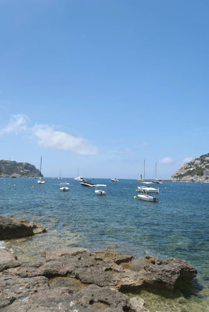 View of the ocean and yachts, Majorca, Spainの写真素材