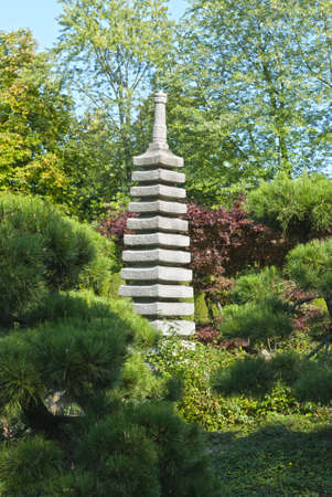 Green Japanese garden, blue sky, sunny dayの写真素材