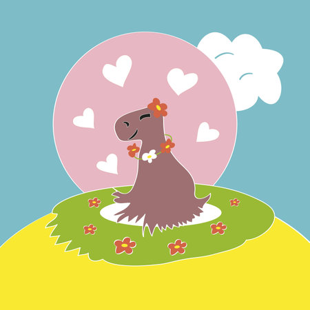 Capybara in love among red flowers and hearts, sitting on the green hill, blue sky backgroundのイラスト素材