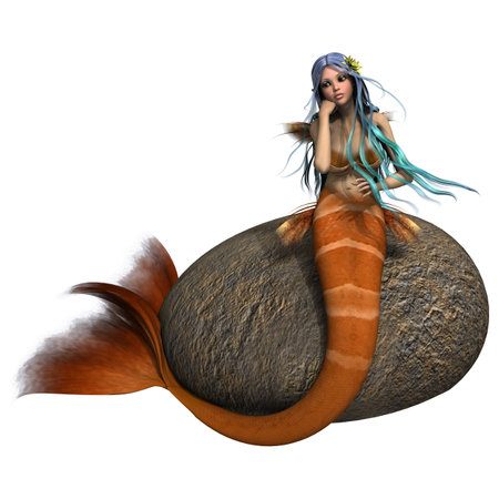 3D digital render of a beautiful sad mermaid sitting on a stone isolated on white backgroundの写真素材