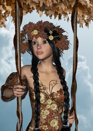 3D digital render of a beautiful autumn girl with black long hair on the fantasy swing, blue sky backgroundの写真素材