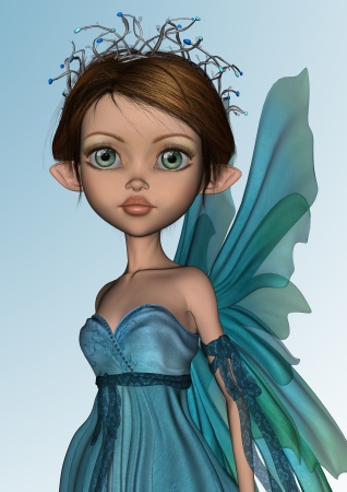 3D digital render of a cute little fairy in blue dress on blue shining backgroundの写真素材