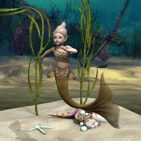 3D digital render of a little cute baby mermaid on blue fantasy ocean backgroundの写真素材