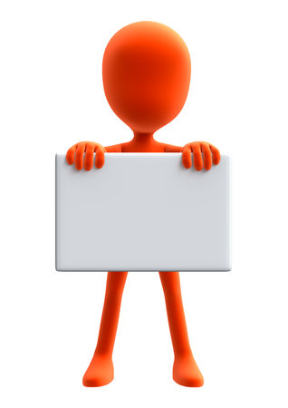 3D digital render of an orange little guy holding a white empty board isolatedの写真素材