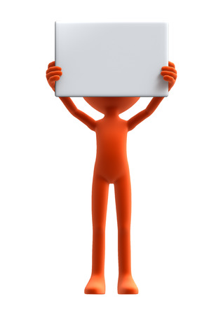 3D digital render of an orange little guy holding a white empty board isolated on white backgroundの写真素材