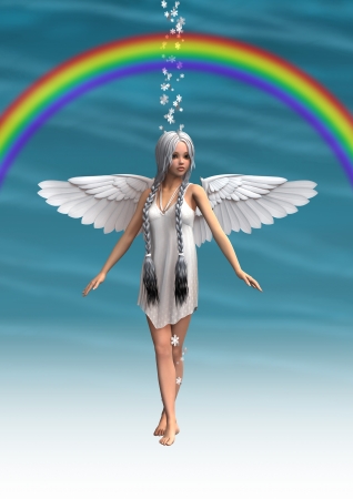 3D digital render of a cute white angel walking under the rainbow,  blue sky backgroundの写真素材