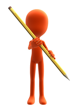3D digital render of a cute little orange guy holding a big pencil isolated on white backgroundの写真素材