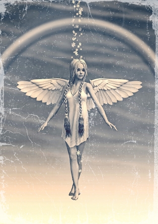 3D digital render of a vintage cute white angel walking under the rainbow, old photo effectの写真素材