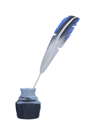 3D digital render of a quill pen in an ink jar isolated on white backgroundの写真素材