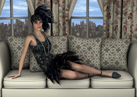 3D digital render of a beautiful girl in the 20s fashion style dress in a vintage room, big city and...