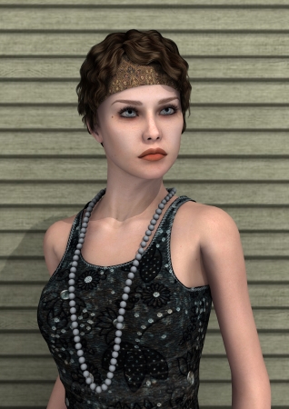 3D digital render of a beautiful vintage girl on a of a retro house