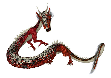 3D digital render of a red fantasy eastern dragon isolated on white backgroundの写真素材