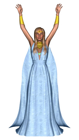 3D digital render of a beautiful female mage in a blue dress isolated on white backgroundの写真素材