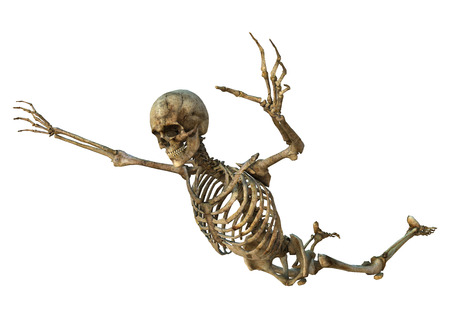 3d digital render of an old flying human skeleton isolated on whiteの写真素材