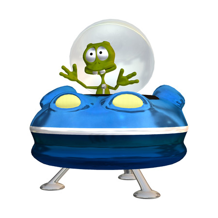 3D digital render of a cute alien in a blue spaceship isolated on white backgroundの写真素材