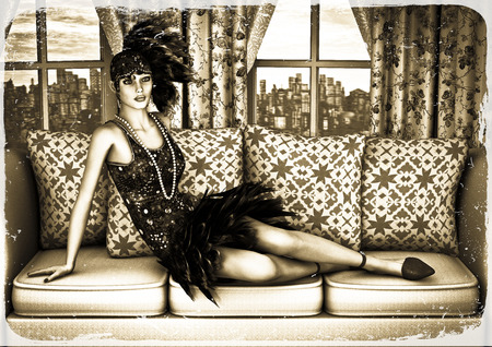 3D digital render of a beautiful girl in the 20s fashion style dress in a vintage room