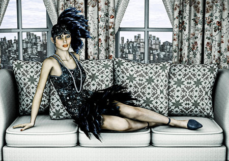3D digital render of a beautiful girl in the 20s fashion style dress in a vintage room