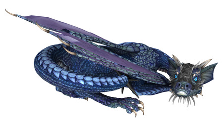 3D digital render of a little blue dragon isolated on white backgroundの写真素材