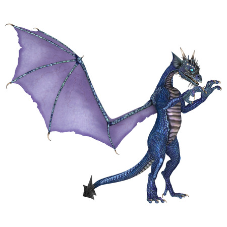 3D digital render of a little blue dragon isolated on white backgroundの写真素材