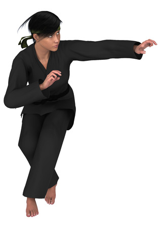 3D digital render of a young woman exercising martial arts isolated on white backgroundの写真素材