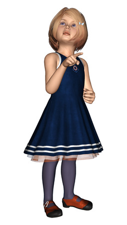 3D digital render of a little girl in a blue navy dress pointing on something isolated on white backgroundの写真素材