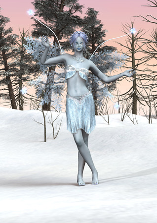 3D digital render of a beautiful ice fairy on a winter forest backgroundの写真素材