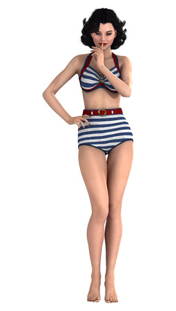 3D digital render of a beautiful pinup girl wearing a swimming suit isolated on white backgroundの写真素材