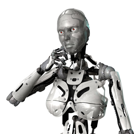 3d digital render of a thinking female cyborg isolated on whiteの写真素材