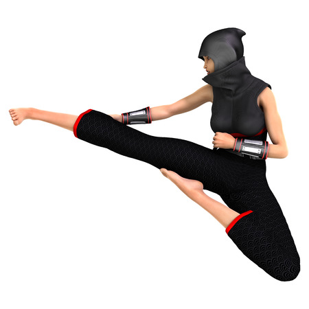 3D digital render of a female ninja fighting isolated on white backgroundの写真素材