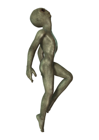 3D digital render of a green alien isolated on white backgroundの写真素材