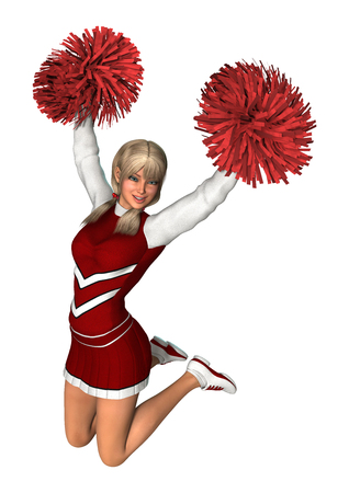 Digital render of a young cheerleader with pompoms isolated on white backgroundの写真素材