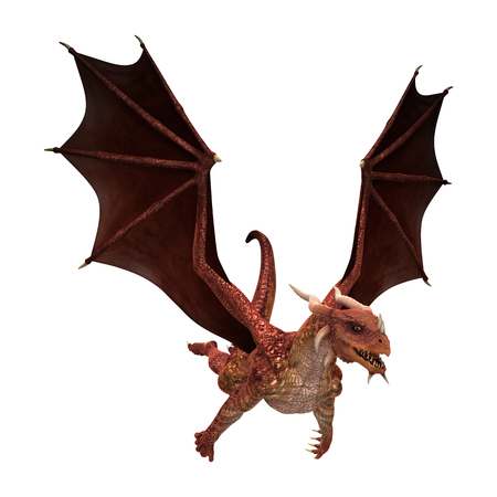 3D illustration of a red fantasy dragon isolated on white backgroundの写真素材