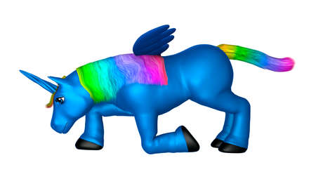 3D rendering of a blue unicorn isolated on white backgroundの写真素材