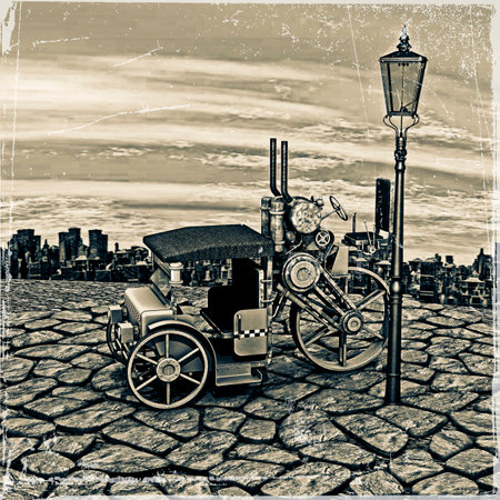 3D rendering of a steam cab-taxi and a lantern on  a sky and big city background, vintage effectの写真素材