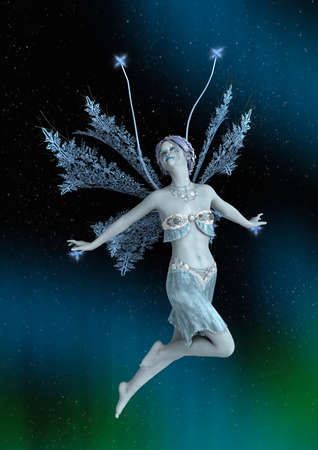 3D rendering of a beautiful winter fairy on a fantasy sky backgroundの写真素材