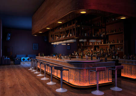 3D rendering of a luxury night lounge bar in a purple lightの写真素材