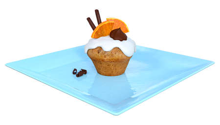 3D rendering of a luxury cupcake on a plate isolated on white backgroundの写真素材