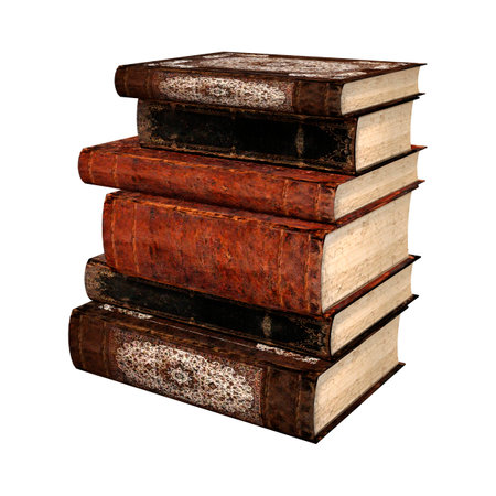 3D Illustration of old books isolated on white backgroundの写真素材