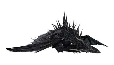 3D rendering of a fantasy black dragon isolated on white backgroundの写真素材