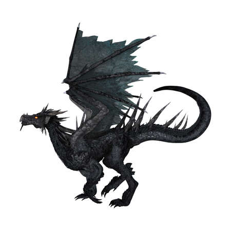 3D rendering of a fantasy black dragon isolated on white backgroundの写真素材