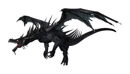 3D rendering of a black dragon isolated on white backgroundの写真素材